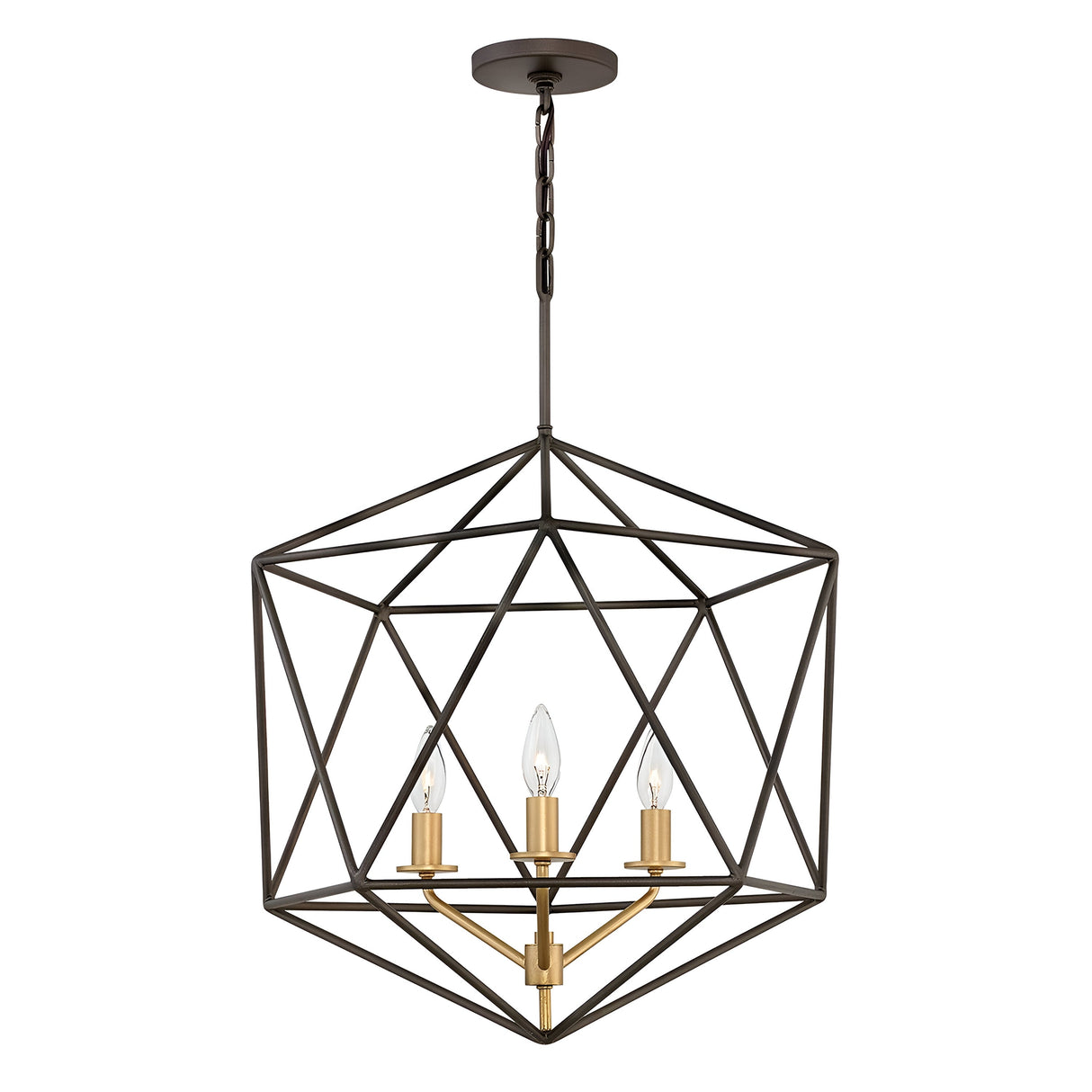 The Astrid 3 Light Chandelier showcases a striking open-frame design in matte bronze and gold, forming a hexagonal shape. Inside, three candle-style bulbs are perched on a golden stem, while the elegant fixture is suspended from the ceiling by a black chain.