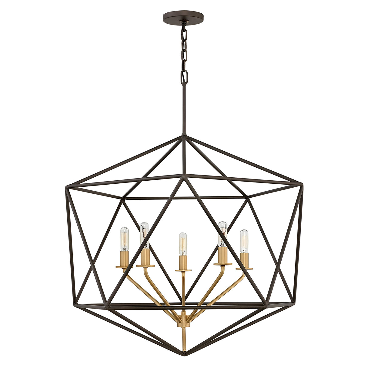 The Astrid 5 Light Chandelier - Matte Bronze & Gold showcases a geometric design with a black metal frame and five exposed light bulbs on gold-toned arms. Suspended from a chain, its modern style resembles a matte bronze and gold 3D polygon, offering both elegance and sophistication.