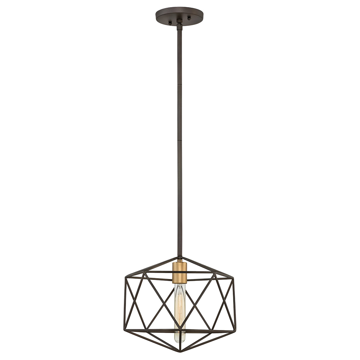 The Astrid Mini Pendant in Matte Bronze & Gold embodies geometric elegance with its black metal frame adorned with matte bronze accents and an exposed bulb. Suspended stylishly from the ceiling via a rod, it delivers a modern and minimalist aesthetic.