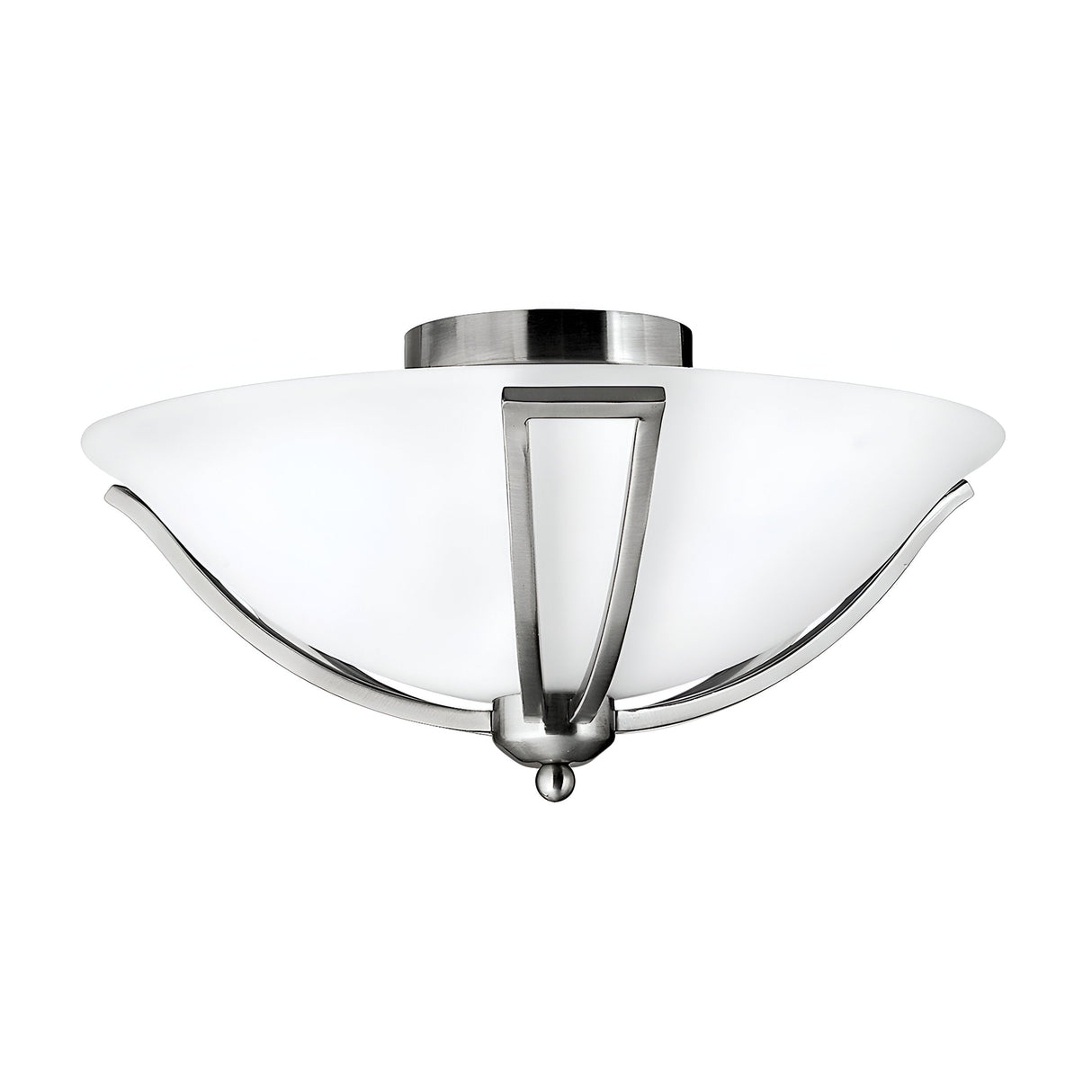 The Bolla 2 Light Flush - Brushed Nickel is a sleek, modern light fixture featuring a frosted glass dome, three curved metal arms, and a central spherical detail. Its elegant brushed nickel accents make it the perfect addition to any contemporary space.