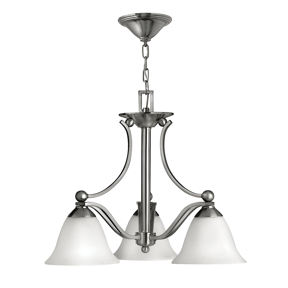 The Bolla 3 Light Chandelier in brushed nickel features three frosted glass lampshades, each with an inverted bell shape. The fixture elegantly hangs from a chain, highlighting its graceful curves and modern design.