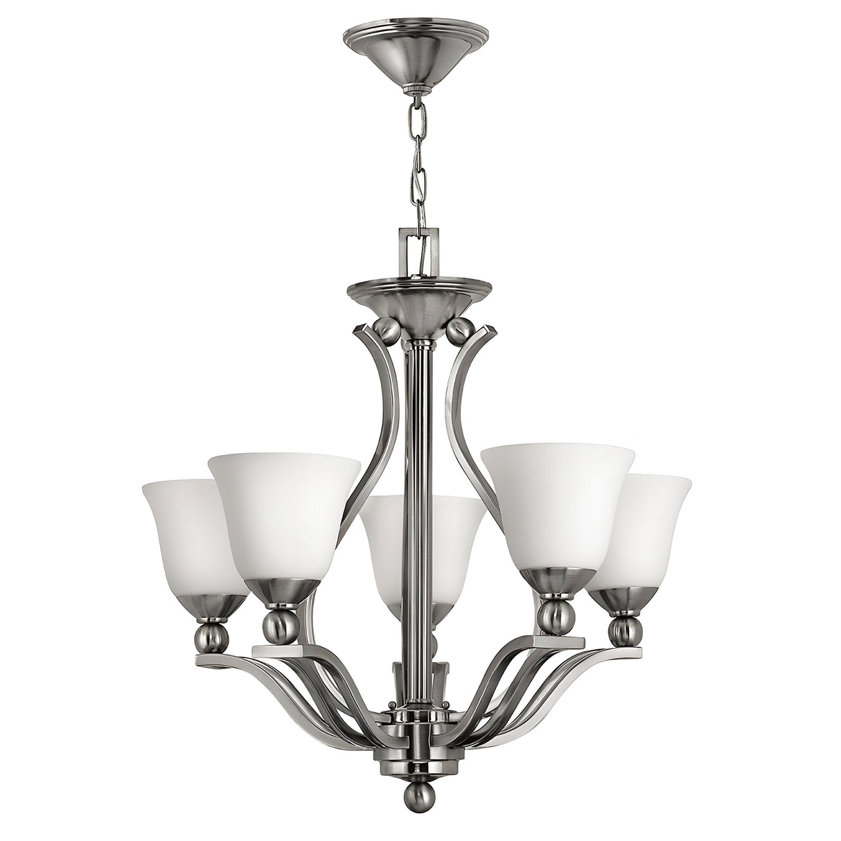 The Bolla 5 Light Chandelier - Brushed Nickel is a modern and elegant lighting fixture featuring five white glass lampshades and a brushed nickel finish on its metal frame. It boasts graceful, curved arms and hangs from a chain, adding sophistication to any space.