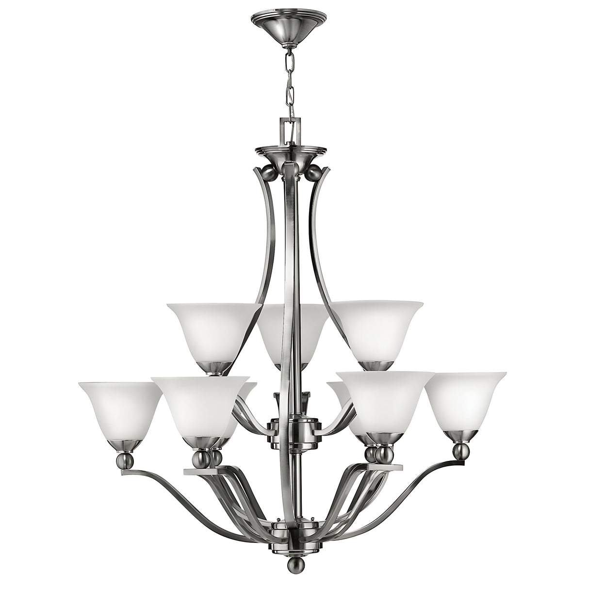 The Bolla 9 Light Chandelier - Brushed Nickel is a modern masterpiece featuring a sleek frame and nine bell-shaped frosted glass shades. Its smooth, curved arms bring an elegant and contemporary touch to any space.