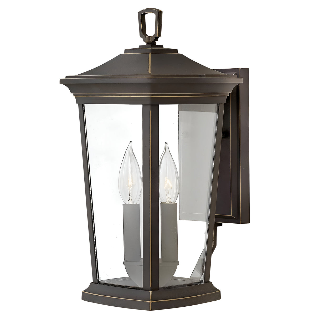 The Bromley 2 Light Outdoor Medium Wall Lantern in bronze features a traditional design with two candle-style light bulbs encased in a rectangular glass frame. It is adorned with a decorative loop and mounting bracket, offering timeless elegance to any outdoor setting.