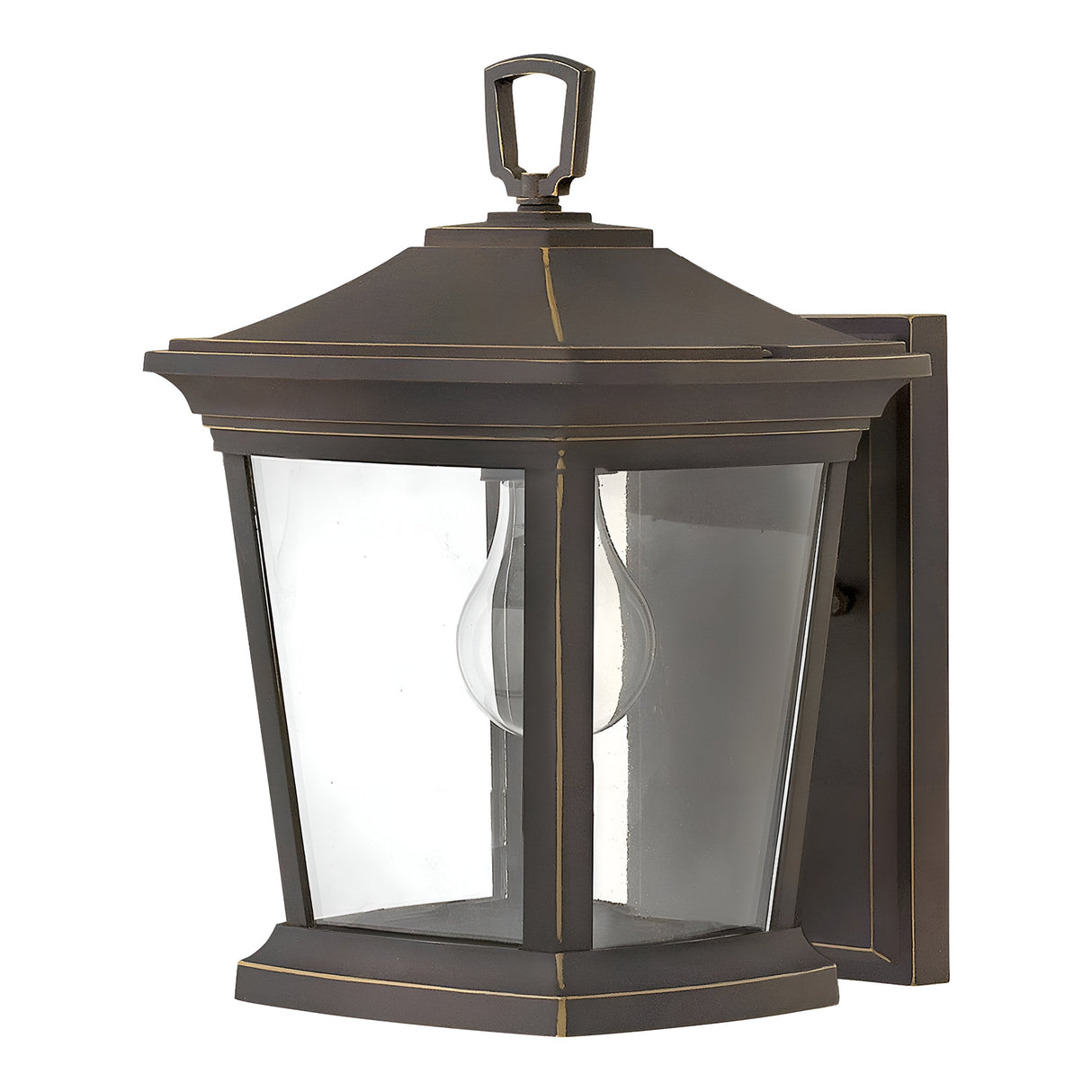 The Bromley 1 Light Outdoor Small Wall Lantern in bronze is crafted from die-cast aluminum with clear glass panels, showcasing a visible light bulb in a traditional design and featuring a sturdy square metal wall mount.