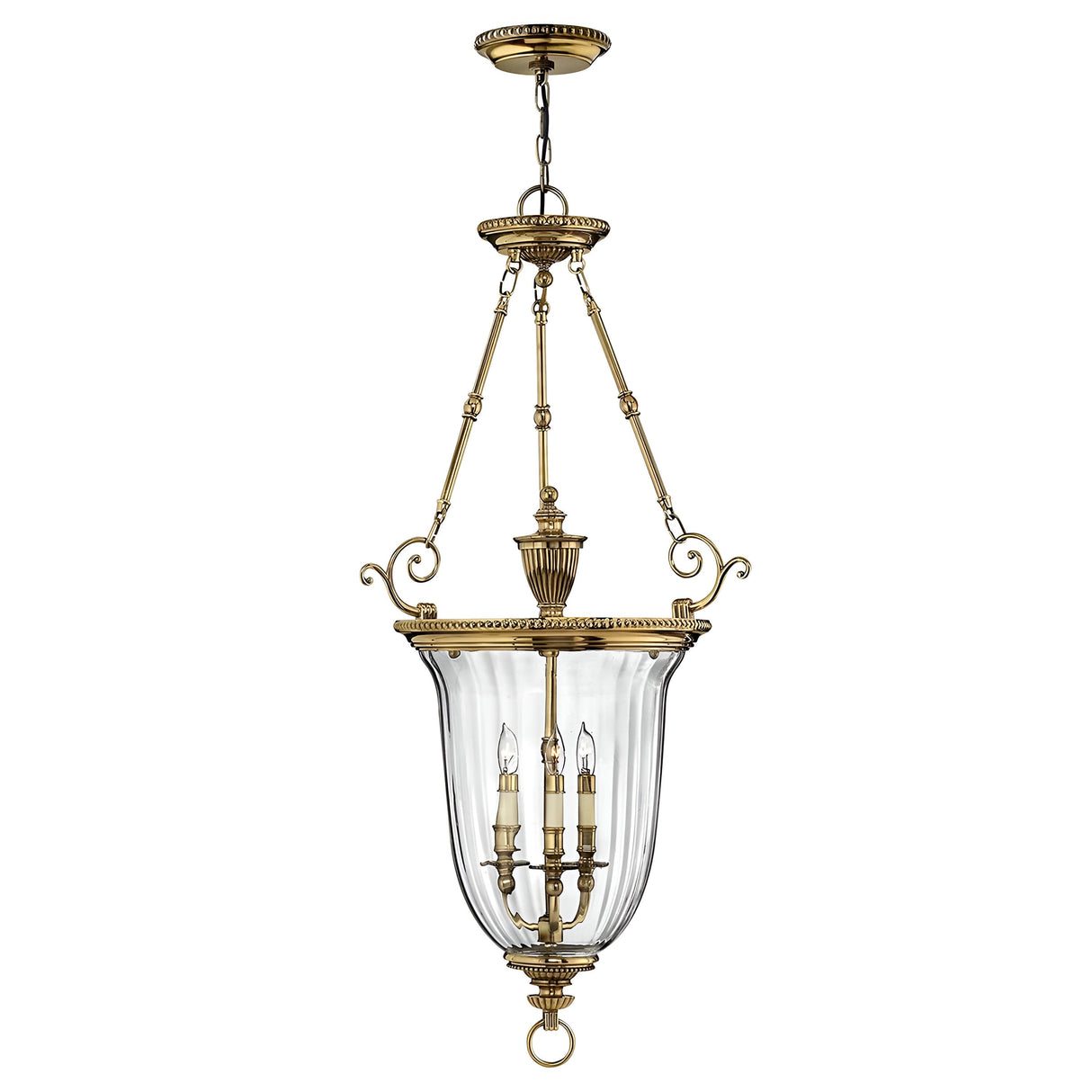 The Cambridge 3 Light Chandelier - Burnished Brass is a vintage-style fixture featuring a transparent glass dome with three candle-like lights. It is supported by ornate brass chains and decorative elements, all crafted in solid brass construction.