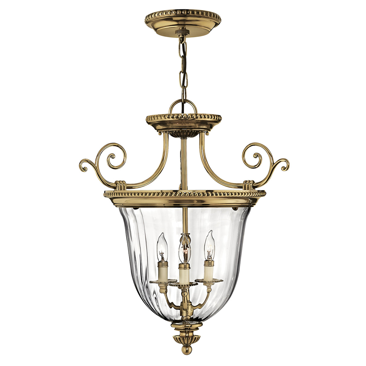 The Cambridge 3 Light Small Chandelier in Burnished Brass is an elegant fixture featuring ornate detailing and three candle-style bulbs, all suspended from a decorative chain. A clear, rounded glass bowl encloses the lights, adding a classic New England design touch to its style.