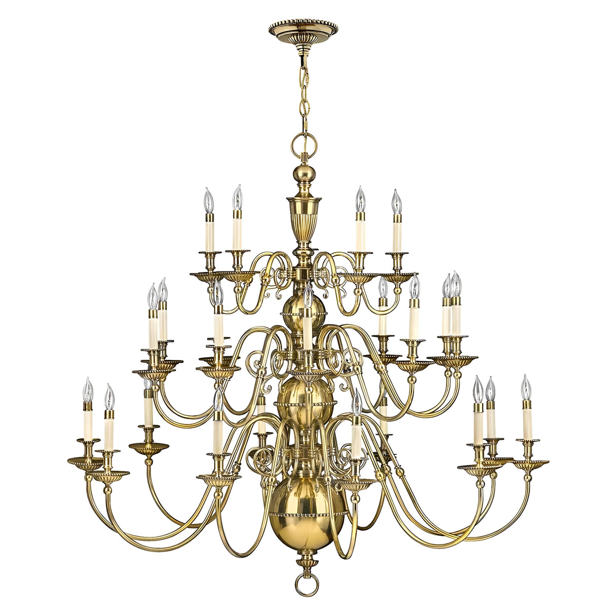 The Cambridge 25 Light Chandelier in Burnished Brass captures New England elegance with its grand, ornate tiers and candle-style bulbs. Its intricate design of curving arms and detailed metalwork provides a timeless, sophisticated allure.