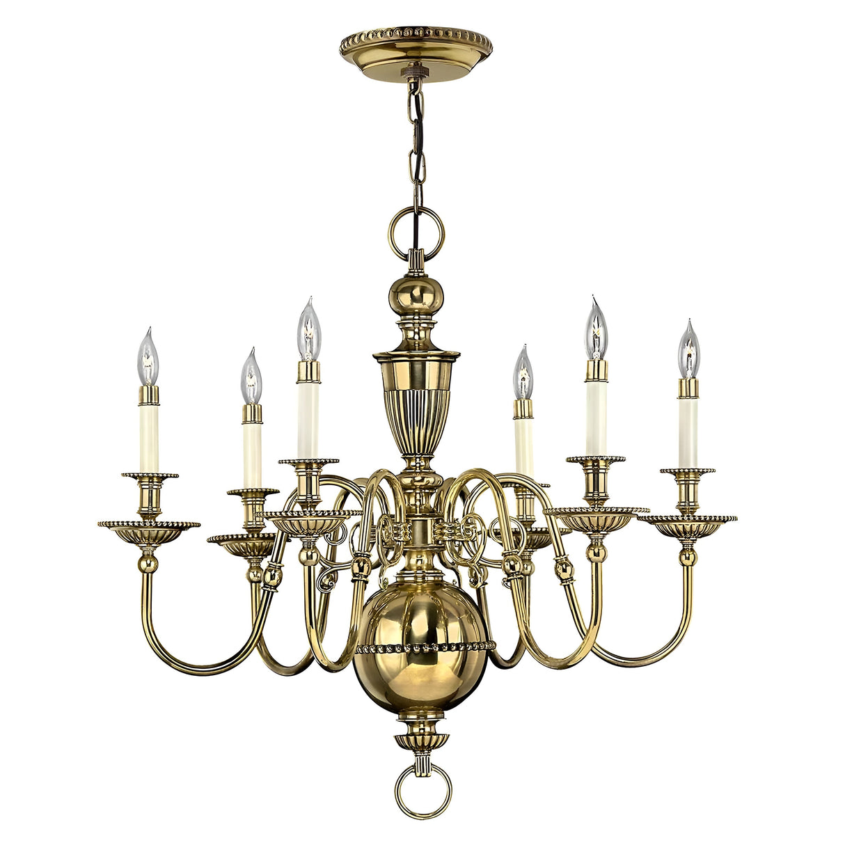 Gorgeous burnished brass chandelier showcasing eight arms, each adorned with a candle-like light. This design highlights intricate detailing and a gleaming finish, akin to the Cambridge 6 Light Chandelier - Burnished Brass, elegantly hanging via a chain and ceiling mount.
