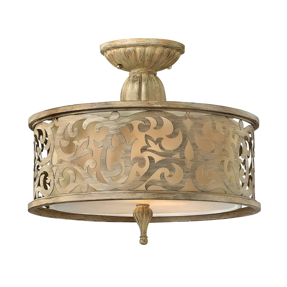 The Carabel 2 Light Small Semi Flush ceiling light, with its intricately scrolled beige metal frame, showcases a sophisticated brushed champagne finish. The design allows for a soft glow to shine through the translucent inner shade, bringing an elegant touch to any room.
