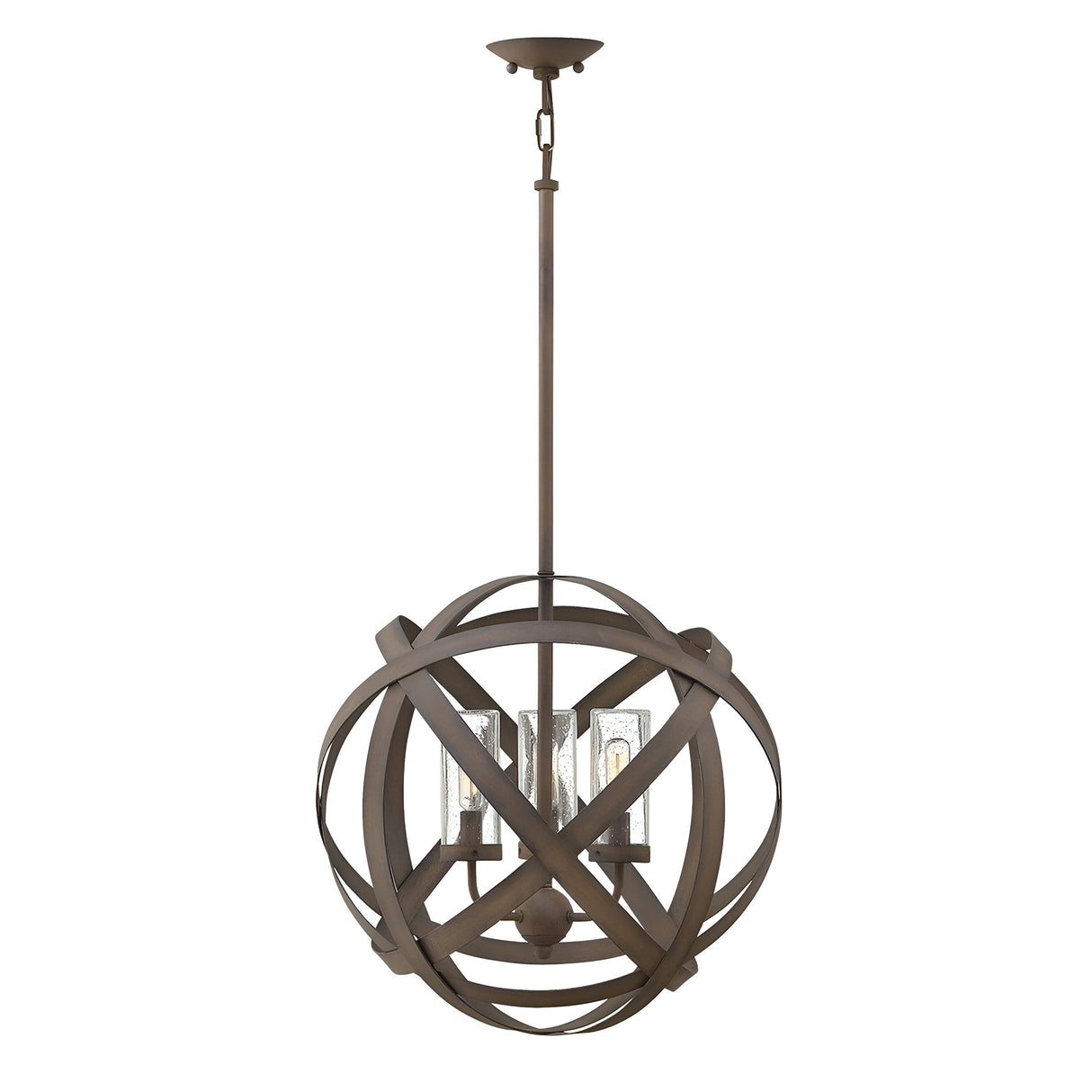 The Carson 3 Light Outdoor Chandelier in vintage iron features spherical interlocking metal bands that exude rustic charm. Its central fixture, with multiple bulb holders encased in clear glass, seamlessly blends modern and industrial styles. Suspended by a rod and chain, it radiates elegance.