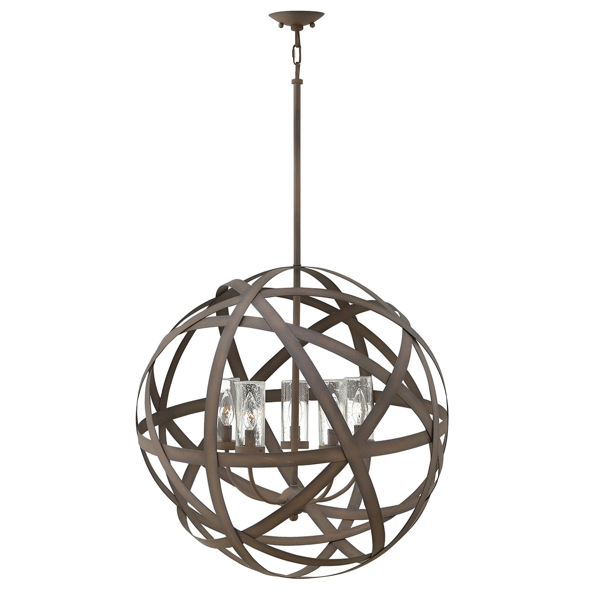 The Carson 5 Light Outdoor Chandelier in Vintage Iron features a modern spherical design with overlapping curved metal bands, enclosing five candle-like lights. Hanging from a central rod, it adds rustic charm and serves as a stylish focal point.