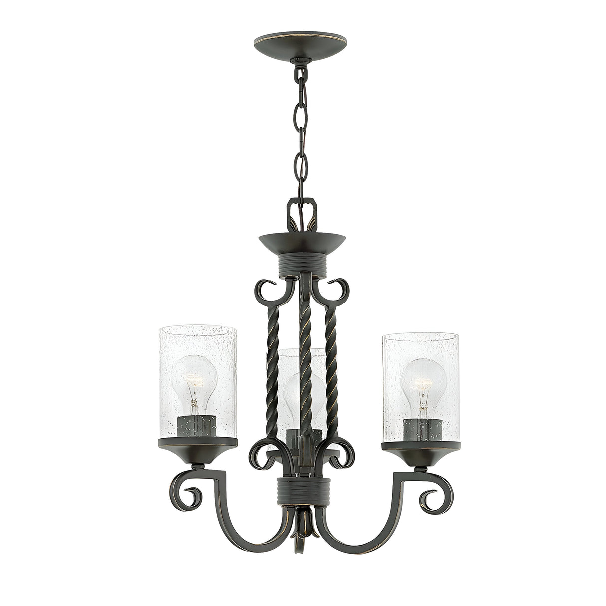The Casa 3 Light Chandelier - Black exudes classic elegance with its black wrought iron frame and twisted metal arms. Its clear cylindrical glass shades, reminiscent of seedy glass, enhance its timeless appeal, while a sturdy chain ensures easy hanging.