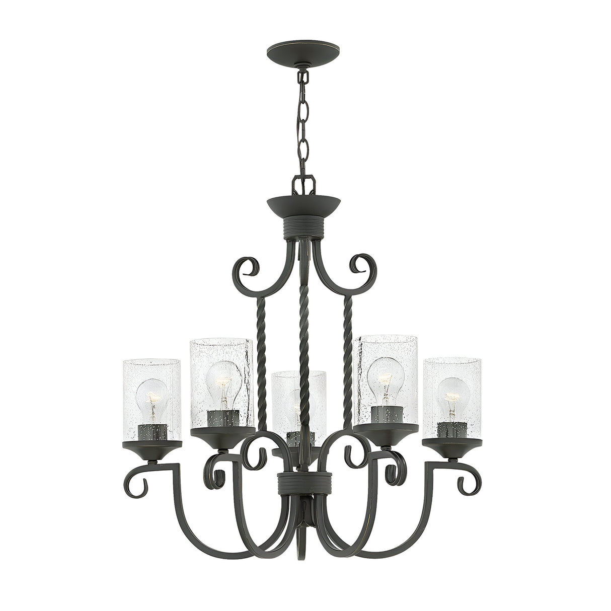 The Casa 5 Light Chandelier in black showcases a sophisticated wrought iron frame with six gracefully curved arms, each holding a bulb nestled within seedy glass shades. This elegant fixture is suspended by a sturdy chain, making it a sophisticated addition to any room.