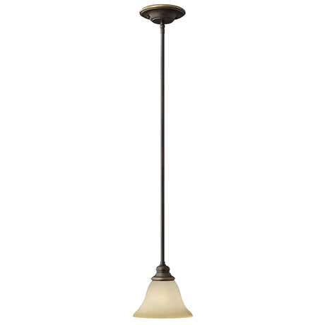 The Cello 1 Light Mini Pendant - Antique Bronze showcases a long, slender rod and a bell-shaped frosted glass shade, reminiscent of vintage faux alabaster glass. It features an elegantly designed antique bronze-toned metal base for ceiling mounting.