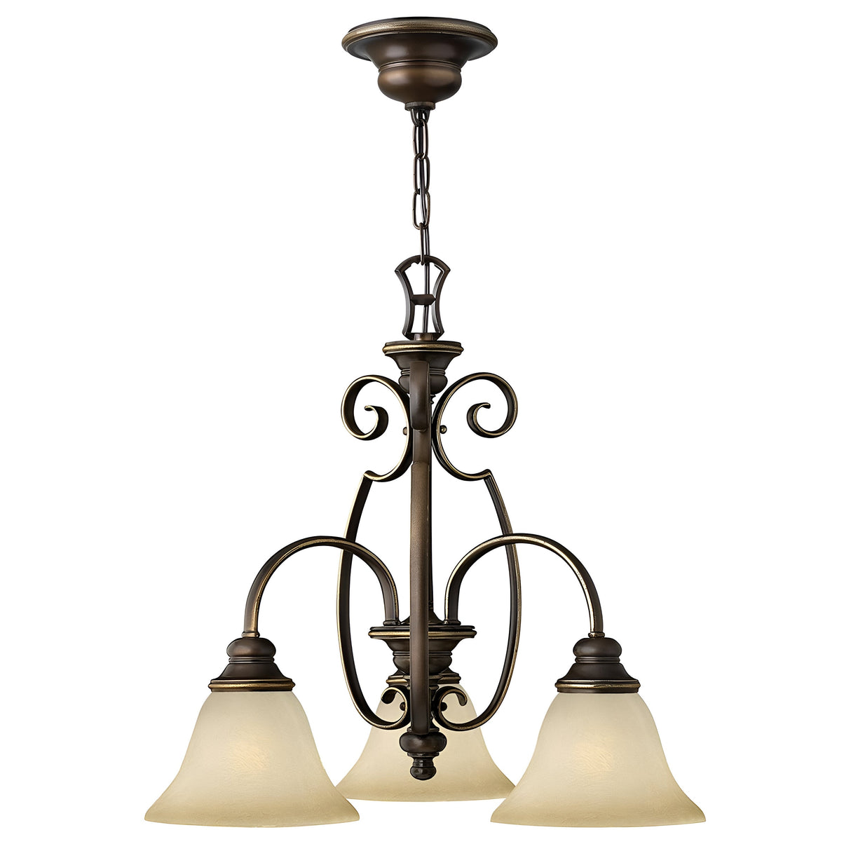 The Cello 3 Light Chandelier - Antique Bronze features decorative scrollwork and vintage faux alabaster glass shades, gracefully hanging from a linked chain. Its classic design is ideal for adding timeless charm to dining or living areas.