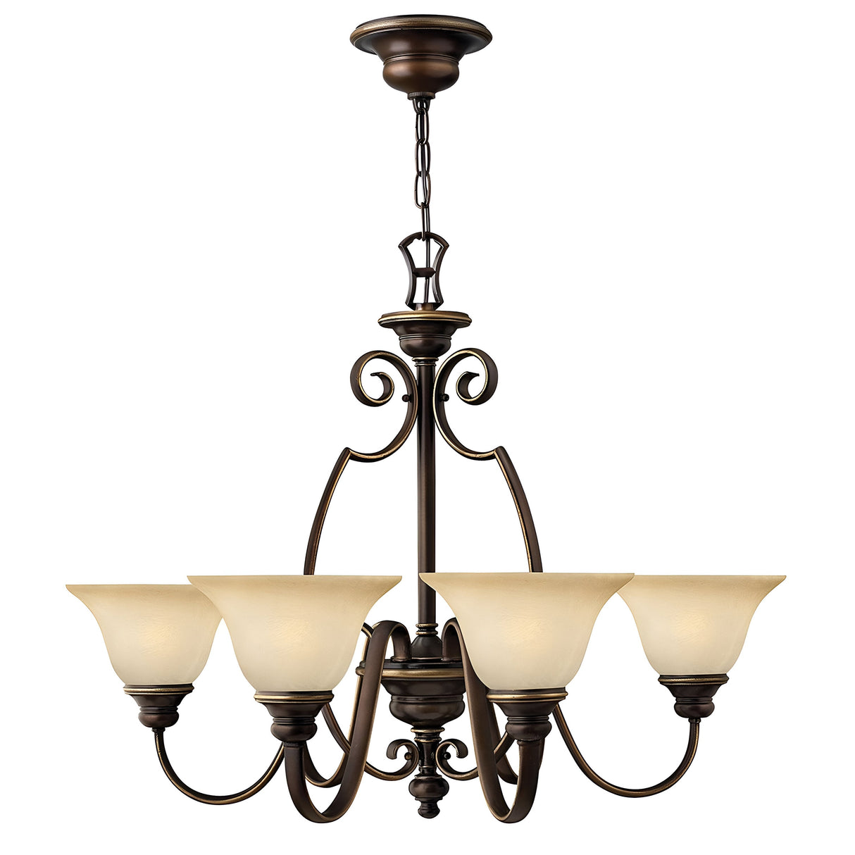 The Cello 6 Light Chandelier in Antique Bronze, with its six elegantly curved arms and alabaster glass shades, showcases a beautifully intricate scrollwork design and hangs gracefully from a chain.