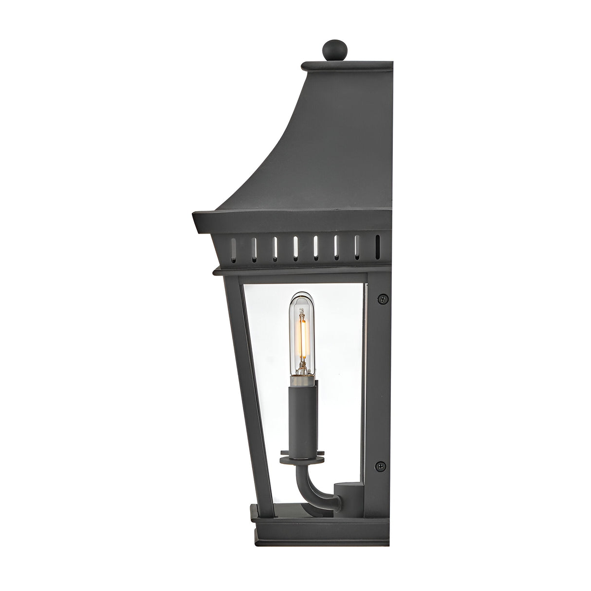 The Chapel Hill 2 Light Outdoor Half Wall Lantern in black features clear glass panels, an exposed bulb, and a traditional sloped-top design on a rectangular backplate for classic curb appeal.
