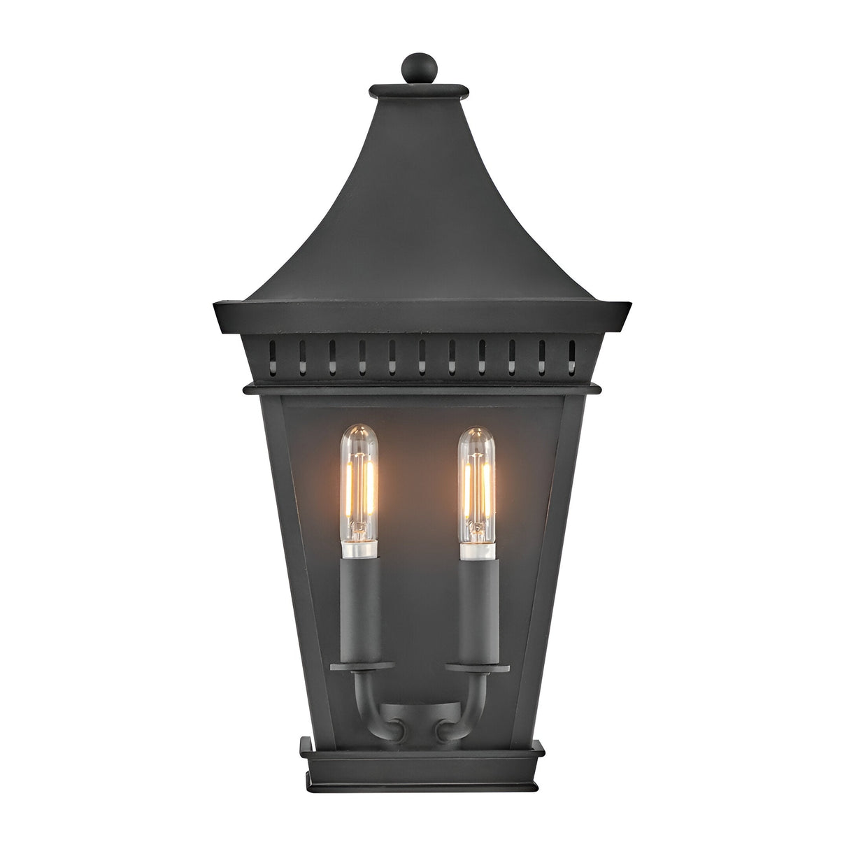 The Chapel Hill 2 Light Outdoor Half Wall Lantern in black features a classic, tapered design with two exposed candle-style bulbs and a decorative finial, giving your exterior a traditional, elegant carriage house appearance.