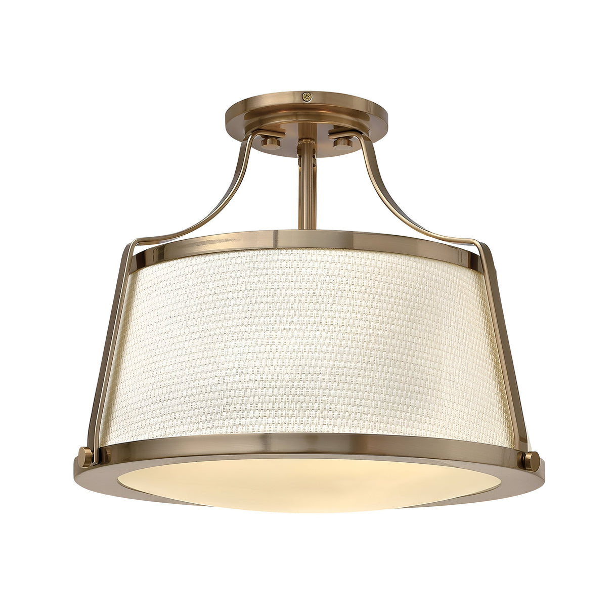 The Charlotte 3 Light Semi Flush - Brushed Gold With Linen Shade is a chic ceiling fixture with a brushed gold finish and a cylindrical linen shade. Its semi-flush design incorporates refined metal detailing and a frosted glass diffuser, bringing sophistication to any space.