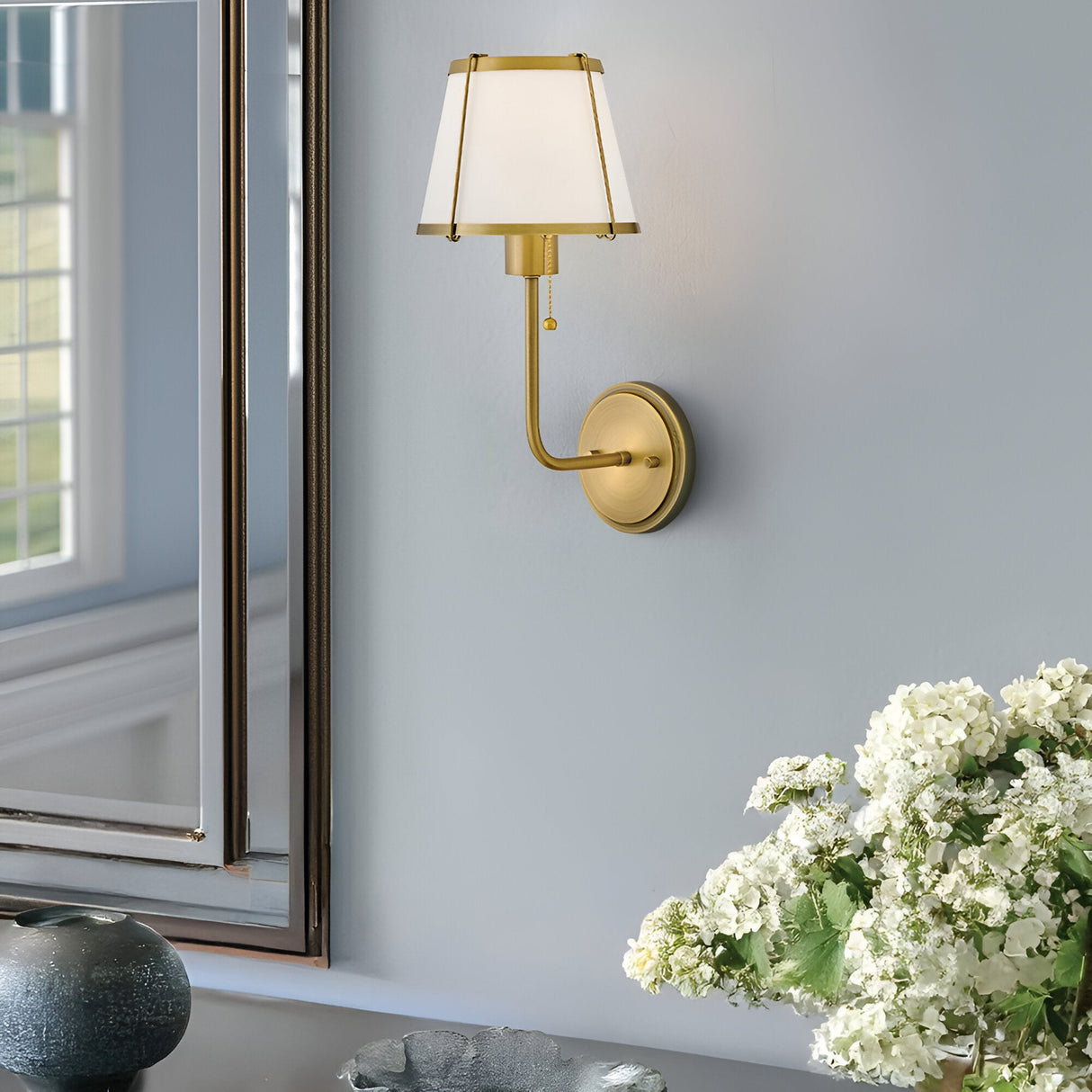 Clarke 1 Wall Light With Pull Switch - Darkened Brass & Ivory Linen Shade