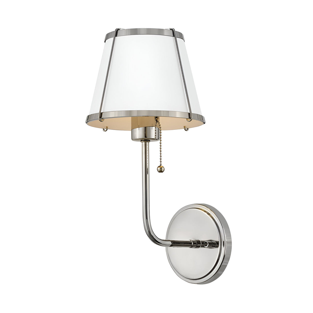 Clarke 1 Wall Light With Pull Switch - Polished Nickel & White Metal Shade