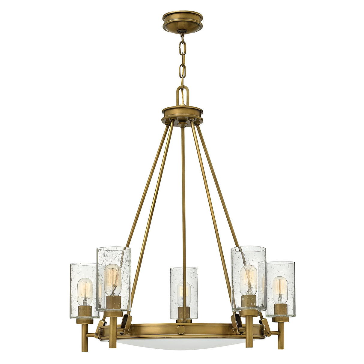 The Collier 5 Light Chandelier in Heritage Brass features a Mid-Century inspired design with five light bulbs and clear glass shades arranged in a circle. It boasts subtle texturing, Heritage Brass accents, and is elegantly suspended by a chain and rods for a modern appearance.