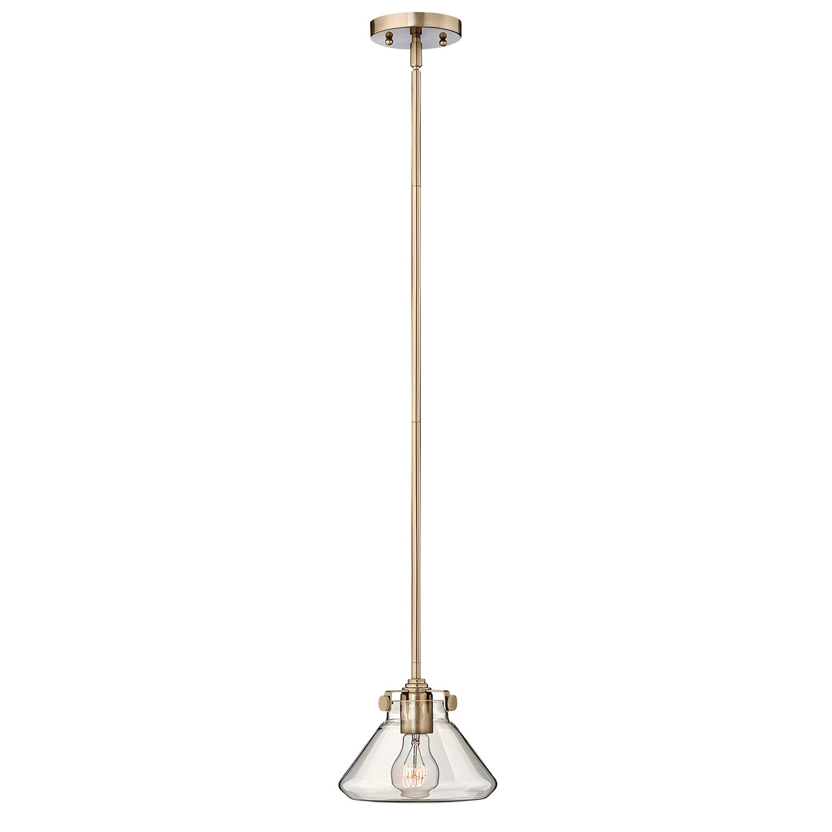 The Congress 1 Light Clear Glass Pendant - Brushed Caramel exhibits a contemporary clear glass shade and features a visible bulb design with an LED filament lamp, elegantly suspended from a ceiling mount.
