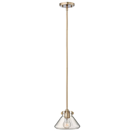The Congress 1 Light Clear Glass Pendant - Brushed Caramel exhibits a contemporary clear glass shade and features a visible bulb design with an LED filament lamp, elegantly suspended from a ceiling mount.