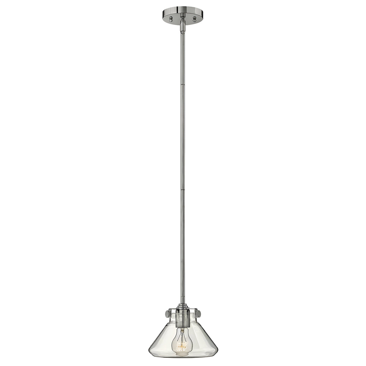 The Congress 1 Light Clear Glass Pendant in Chrome is a contemporary pendant light featuring a conical shade that elegantly displays an LED filament lamp. It is stylishly suspended from a straight rod connected to a ceiling mount.