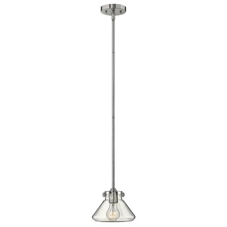 The Congress 1 Light Clear Glass Pendant in Chrome is a contemporary pendant light featuring a conical shade that elegantly displays an LED filament lamp. It is stylishly suspended from a straight rod connected to a ceiling mount.