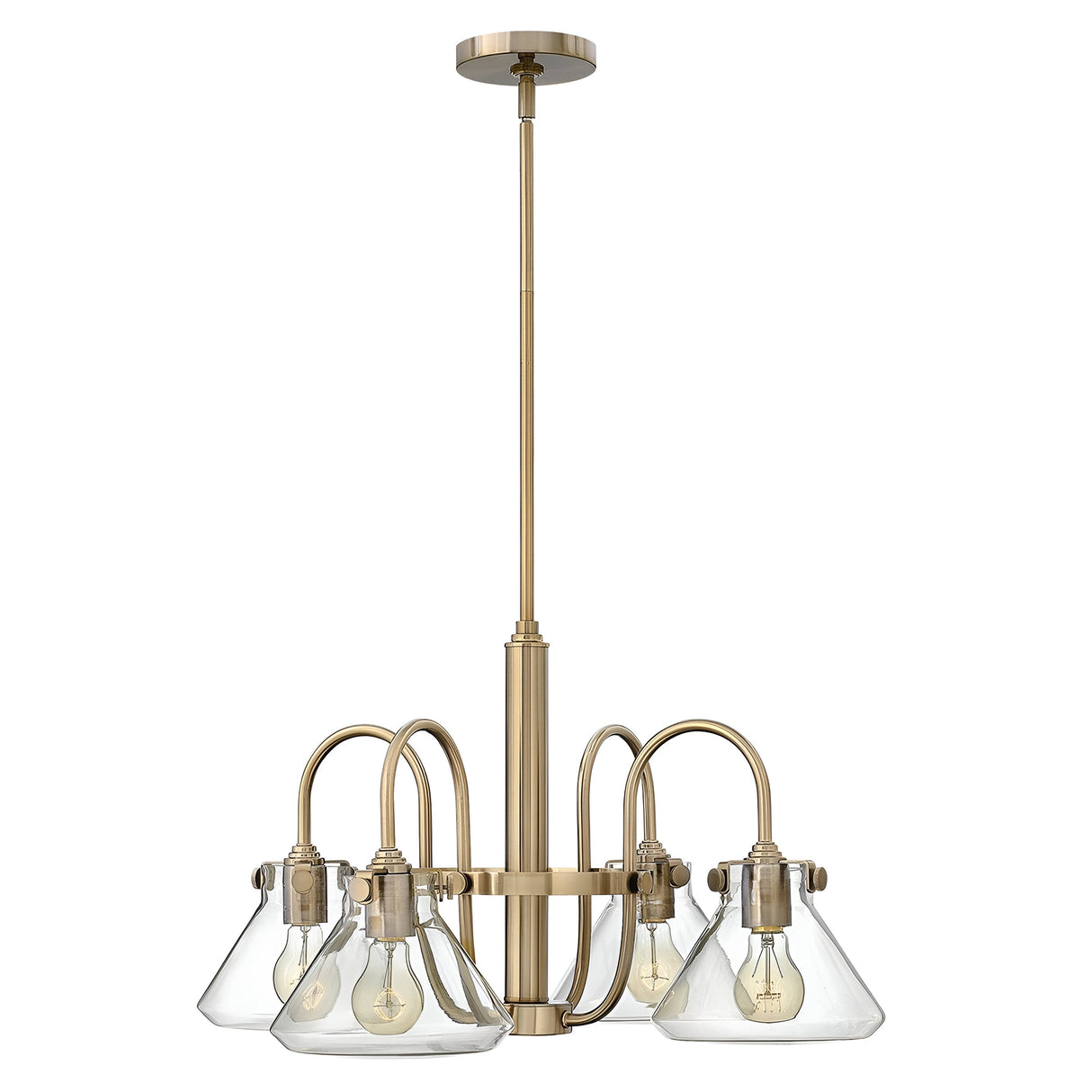 The Congress 4 Light Clear Glass Chandelier in Brushed Caramel boasts a sleek, modern design with four curved arms. Each arm supports a cone-shaped shade that reveals visible bulbs, while the gold fixture is accentuated by a vintage touch, elegantly blending classic and contemporary styles.