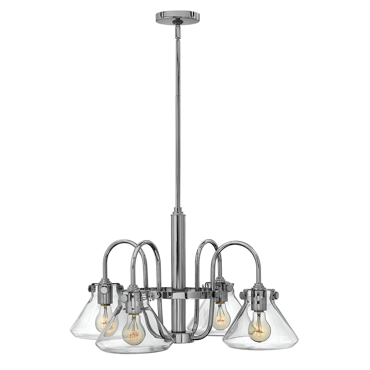 The Congress 4 Light Clear Glass Chandelier - Chrome exudes modern elegance with its four exposed bulbs, each encased in a clear glass shade. Hanging from a central rod, its design combines sleek curves and an industrial aesthetic.