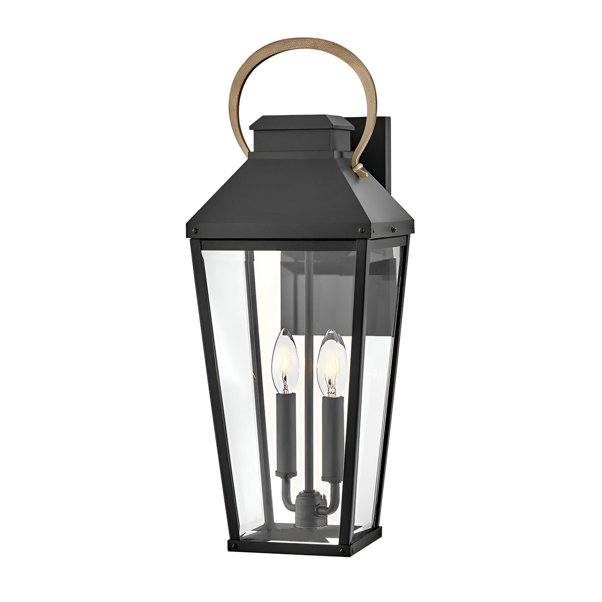 The Dawson 1 Light Outdoor Large Wall Lantern in Black Oxide features a rectangular glass enclosure, two candle-style bulbs, and a gold handle—perfect exterior lighting for any home.