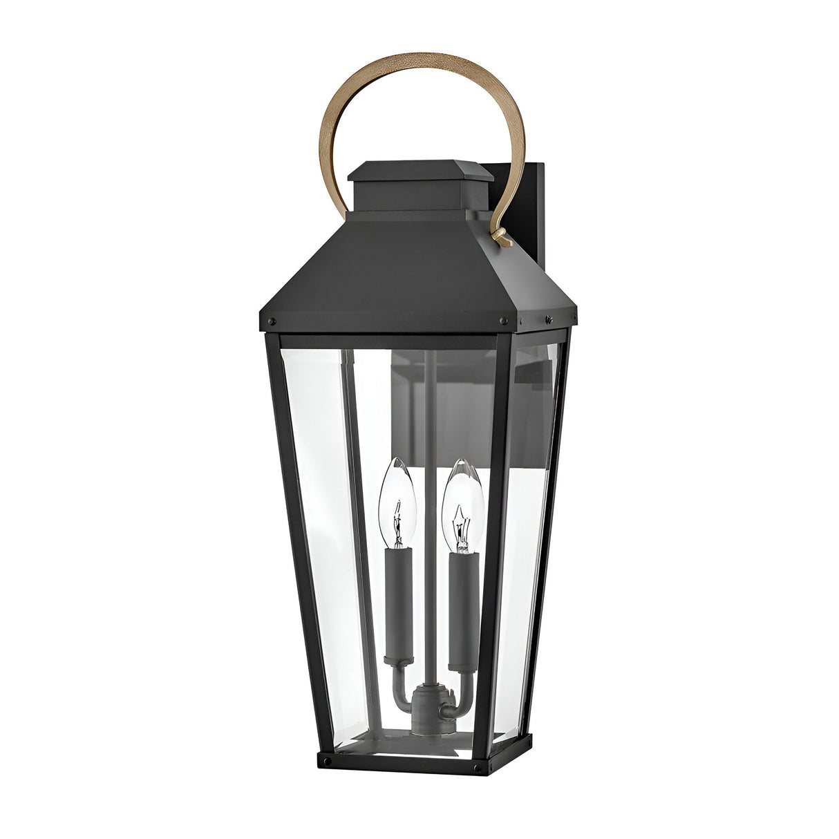 The Dawson 1 Light Outdoor Large Wall Lantern in Black Oxide features a black frame, rectangular glass, two candle-style bulbs, and a gold curved handle—ideal for stylish exterior lighting.