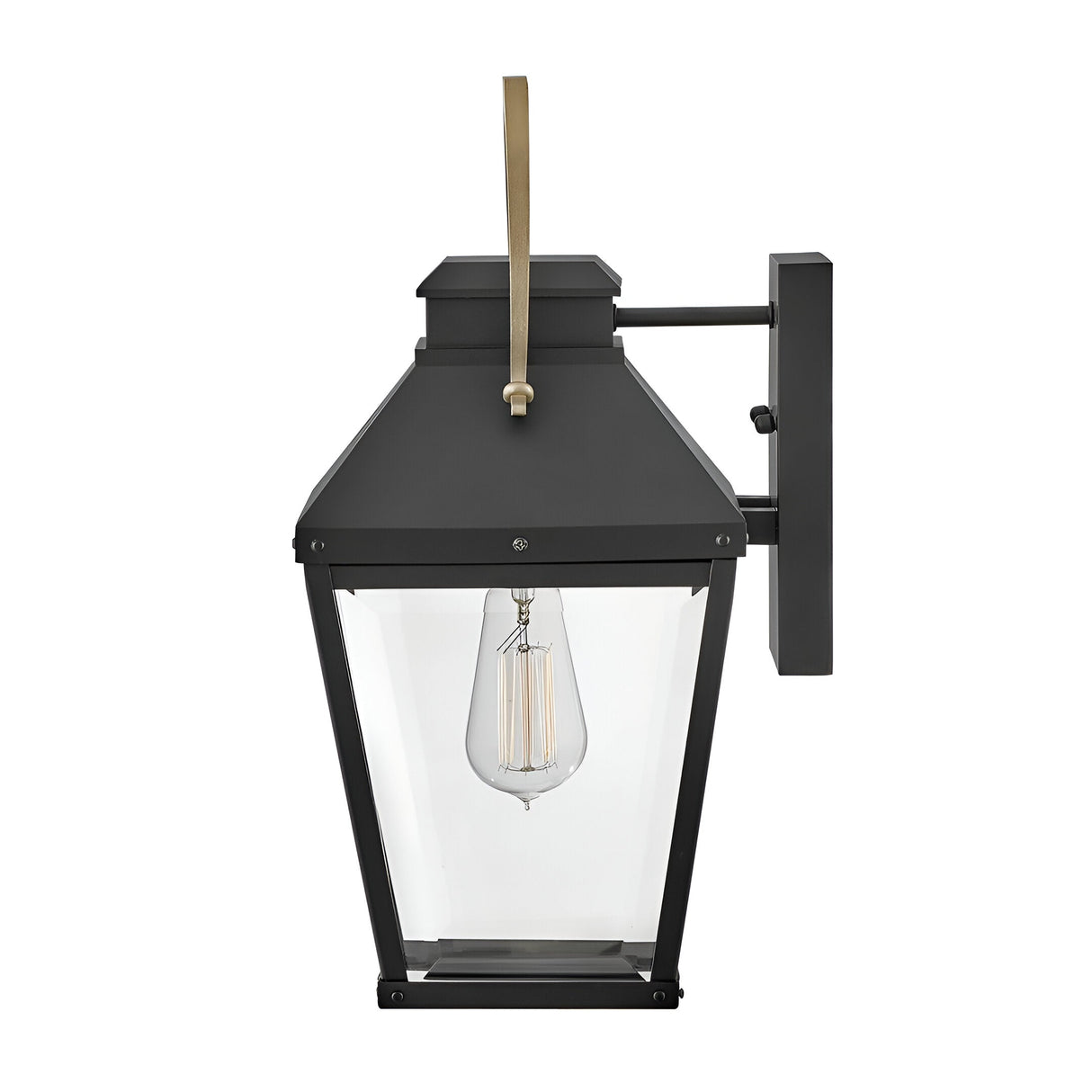 The Dawson 1 Light Outdoor Medium Wall Lantern in Black Oxide features a clear glass enclosure, exposed filament bulb, and brass handle accent—ideal for patio lighting, mounted on a rectangular backplate.