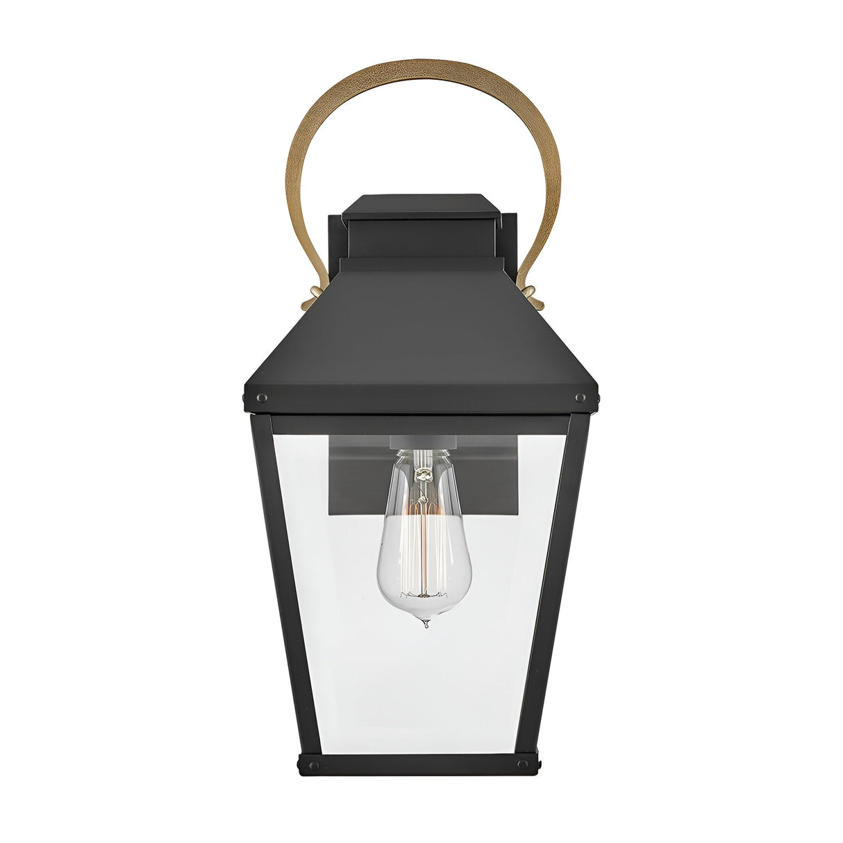 The Dawson 1 Light Outdoor Medium Wall Lantern in Black Oxide has clear glass panels, a single exposed bulb, and a gold-tone handle—ideal for elegant patio lighting.