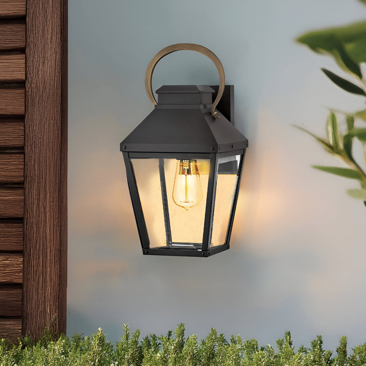 The Dawson 1 Light Outdoor Medium Wall Lantern in Black Oxide is mounted on a light wall by wooden siding, casting stylish illumination over green plants—an ideal choice for enhancing your patio lighting.