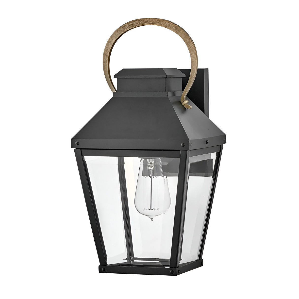 The Dawson 1 Light Outdoor Medium Wall Lantern in Black Oxide features clear glass panels, a visible bulb, and a curved brass handle—an ideal choice for stylish patio lighting.