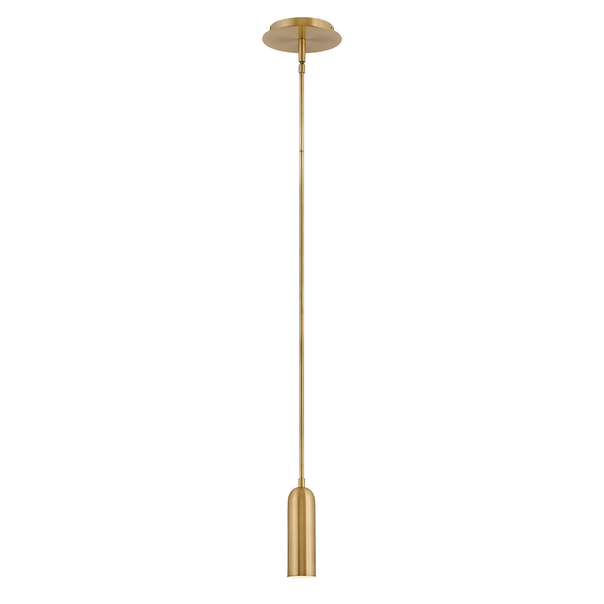 The Dax LED Mini Pendant in Heritage Brass features a sleek, cylindrical design suspended from a slim rod. This fixture embodies a minimalist and modern style, providing energy-efficient lighting for contemporary environments.