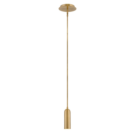 The Dax LED Mini Pendant in Heritage Brass features a sleek, cylindrical design suspended from a slim rod. This fixture embodies a minimalist and modern style, providing energy-efficient lighting for contemporary environments.
