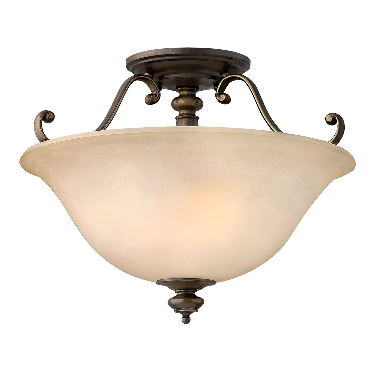 The Dunhill 2 Light Semi Flush - Bronze is a ceiling-mounted light fixture with an antique brass finish and a vintage-inspired frosted glass shade. It showcases elegant curved metal arms and intricate detailing at the base, offering a classic, vintage look.