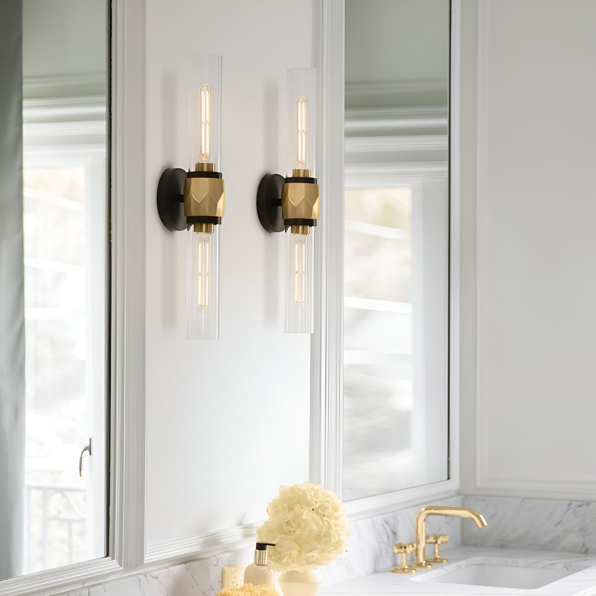 Ellison 2 Light Bathroom Mirror Light - Black With Heritage Brass