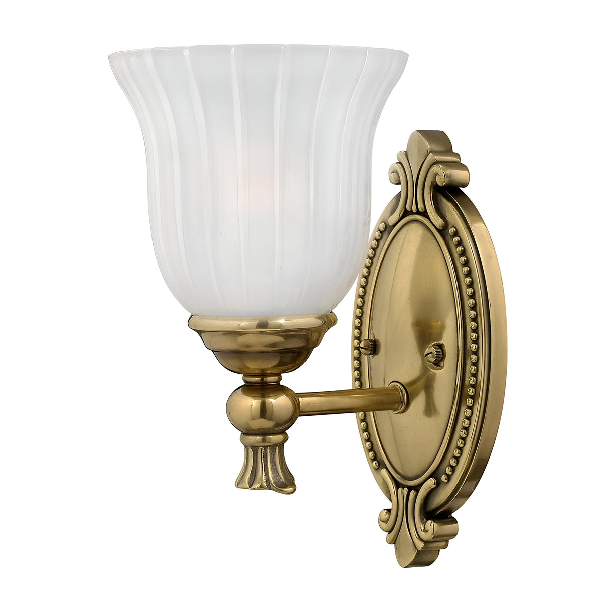 Product: Francoise 1 Light Wall Light - Burnished Brass
Description: The Francoise 1 Light Wall Light in burnished brass showcases an ornate oval backplate and a frosted ribbed glass shade with a fluted pattern, elegantly designed to face upward.