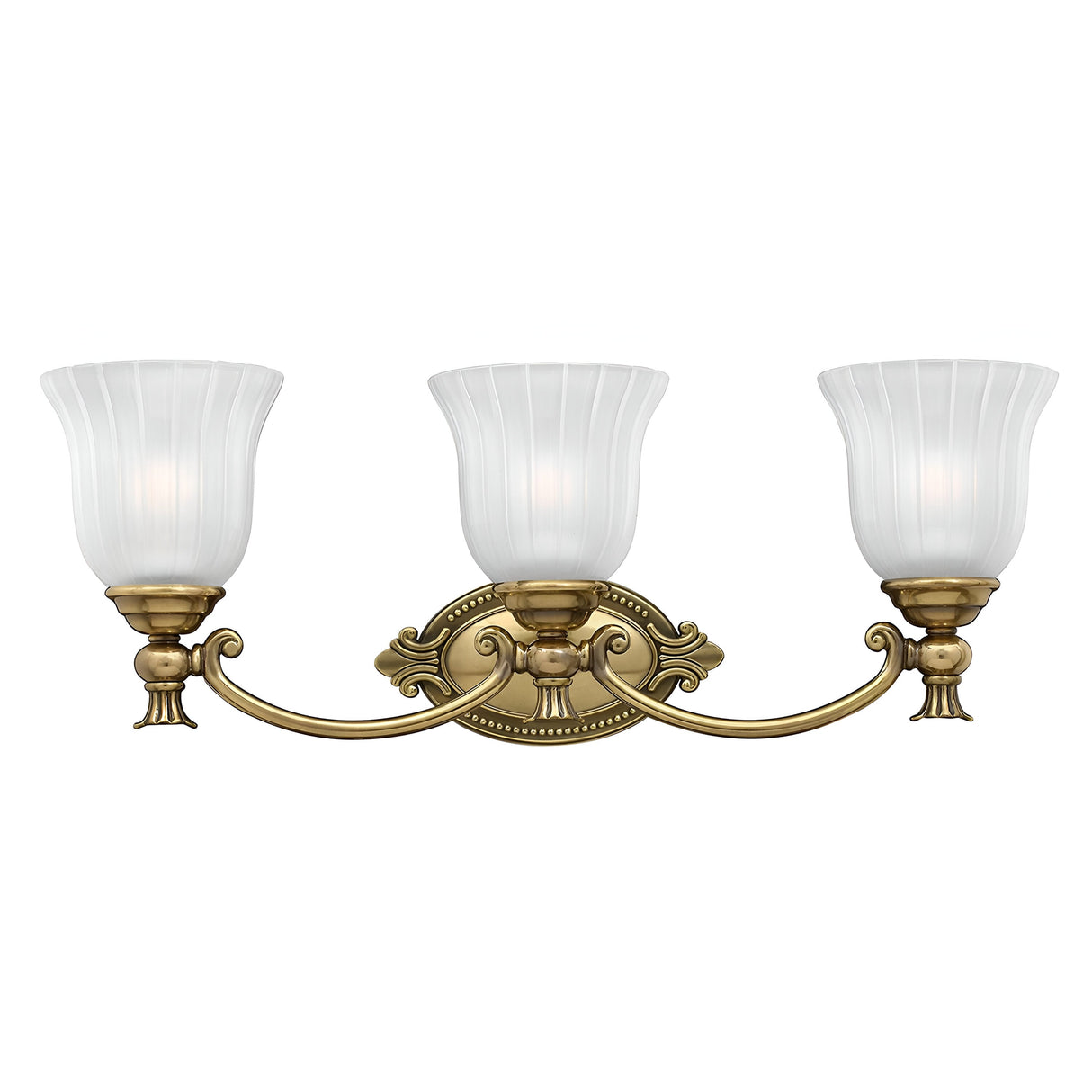 The Francoise 3 Light Wall Light - Burnished Brass showcases a beautiful burnished brass design with three frosted ribbed glass shades elegantly shaped like tulips. It features decorative curves and is mounted on an ornate oval backplate, adding timeless elegance to any space.