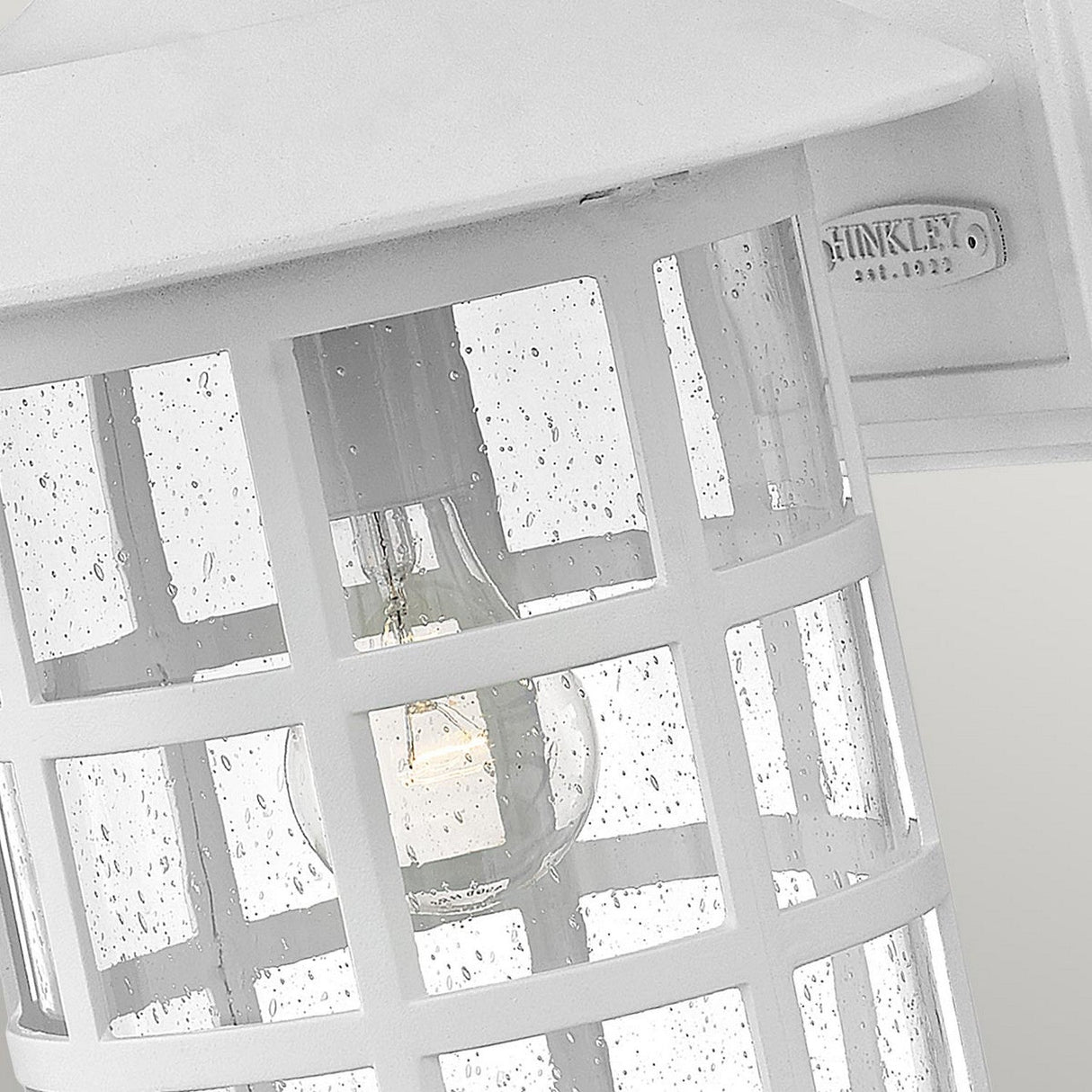 The Freeport 1 Light Outdoor Large Wall Lantern in white is expertly crafted with durable, weather-resistant construction. Its design features a grid pattern and clear seeded glass panes adorned with raindrop details. Inside, the light bulb emits a warm glow, while a metal plate on the fixture displays "Hinkley Est. 1922" proudly.