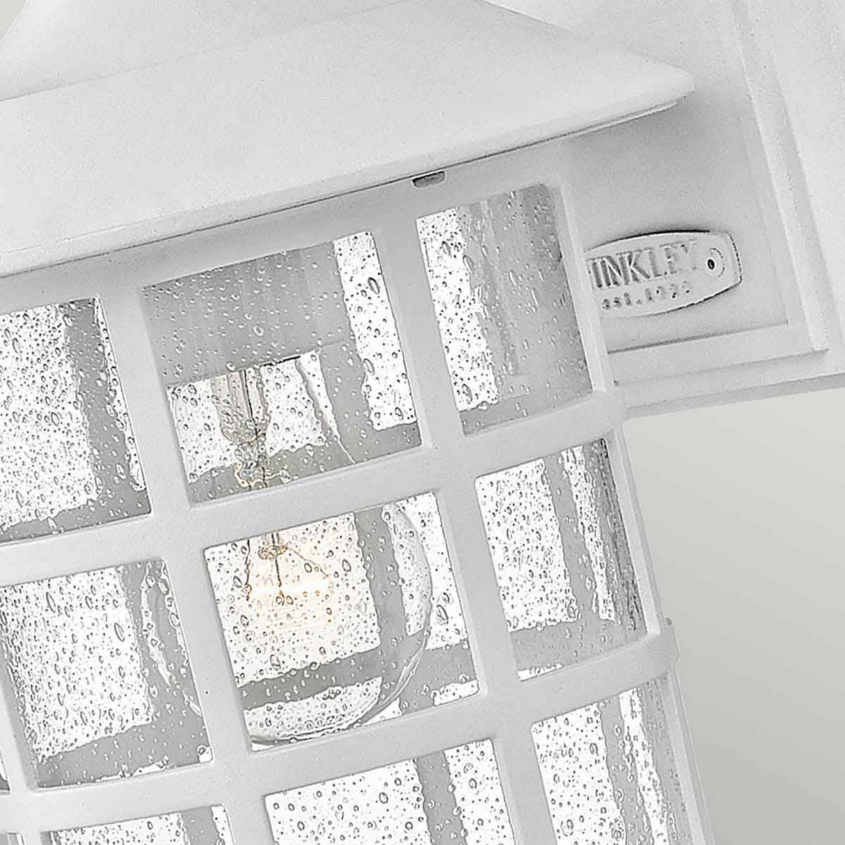 Close-up of the Freeport 1 Light Outdoor Medium Wall Lantern in white, featuring a weather-resistant design with a clear seeded glass shade that encases a visible light bulb. A small metal plate engraved with Hinkley is attached to the fixture.