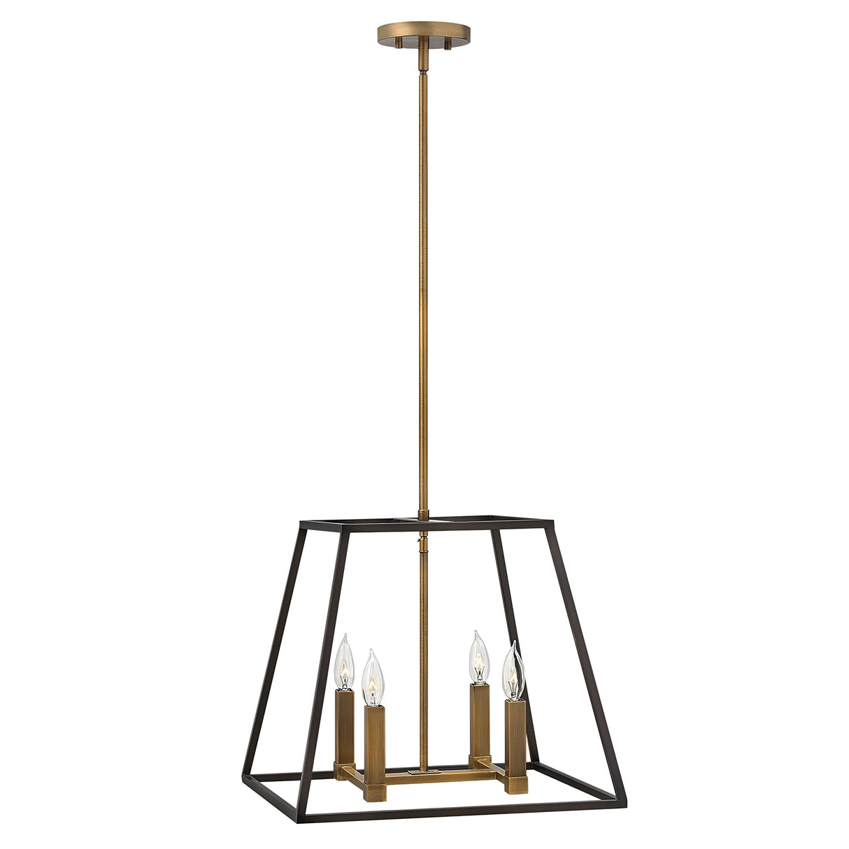 The Fulton 4 Light Pendant Chandelier - Bronze & Brass is a minimalist fixture that showcases a geometric square metal frame with an elegant bronze and brass finish. It features four candle-style bulbs and is gracefully suspended from a single rod, bringing a modern touch to any space.