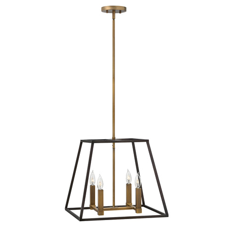 The Fulton 4 Light Pendant Chandelier - Bronze & Brass is a minimalist fixture that showcases a geometric square metal frame with an elegant bronze and brass finish. It features four candle-style bulbs and is gracefully suspended from a single rod, bringing a modern touch to any space.