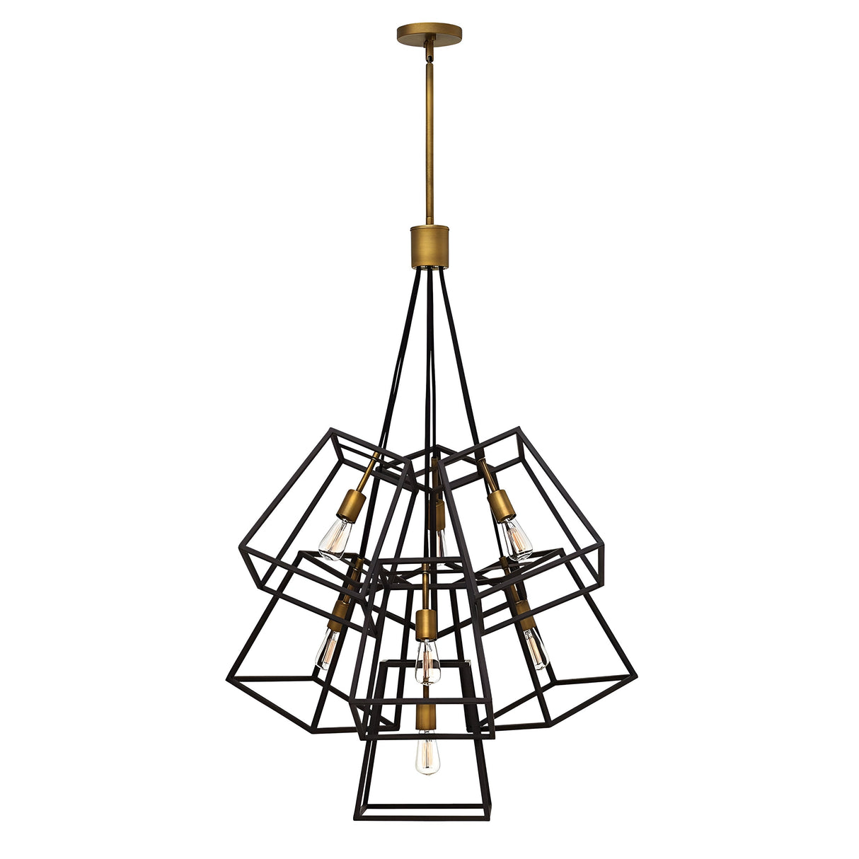The Fulton 7 Light Chandelier - Bronze & Brass features a sleek geometric design made of interlocking black metal cubes surrounding exposed bulbs. It hangs gracefully from a bronze and brass rod, bringing a contemporary flair to any room.